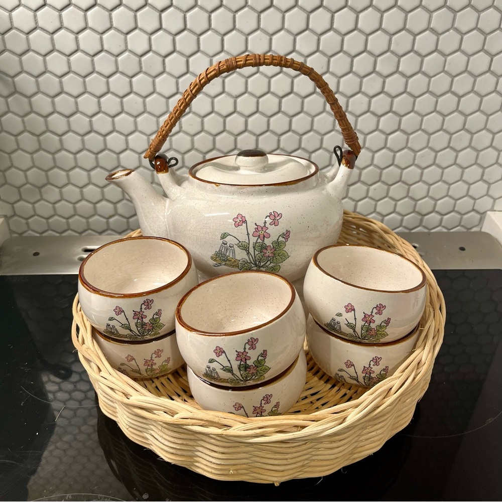 Korean Teapot Set with Cups and Wicker Tray